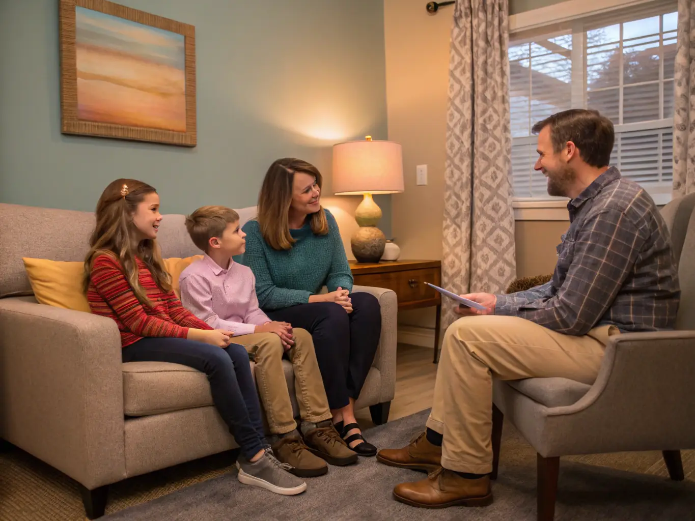 A family gathered in a cozy therapy room, participating in a group discussion, representing family therapy at Riverbase Counseling.
