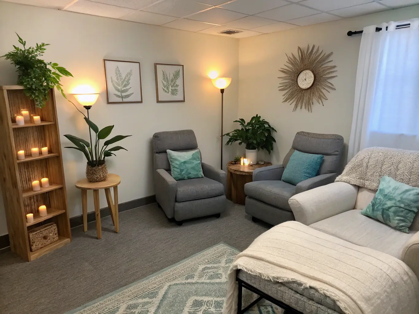 A serene therapy room with comfortable seating and calming decor, representing individual therapy at Riverbase Counseling.