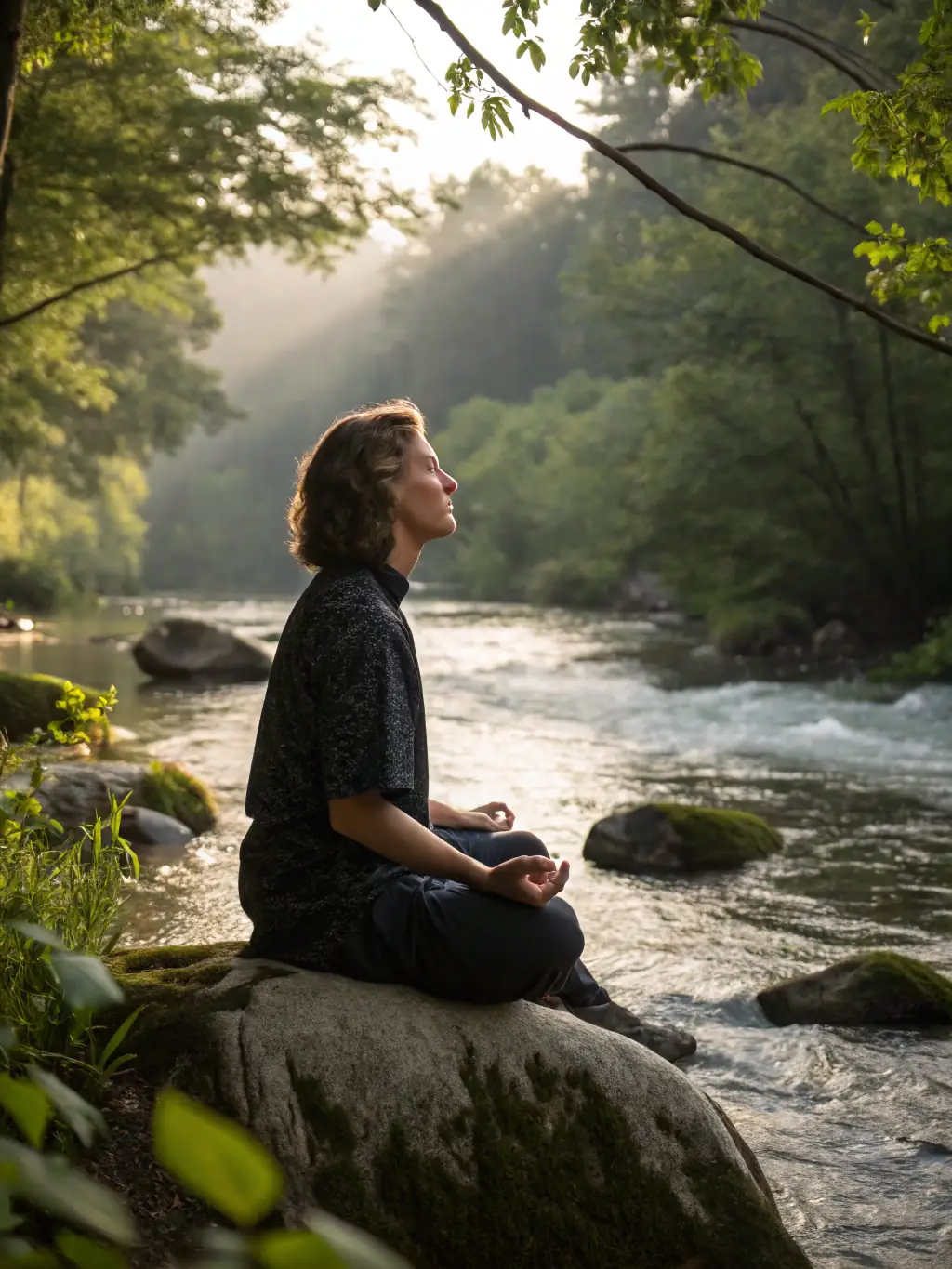 A serene image of a person sitting peacefully by a river, reflecting on their thoughts, symbolizing individual therapy and personal growth at Riverbase Counseling.