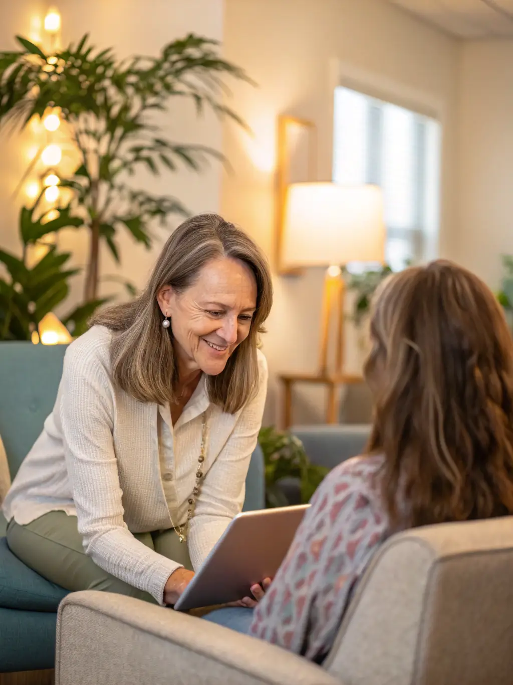 A professional and comforting image of a therapist in a counseling session, listening attentively to a client, representing the compassionate care provided at Riverbase Counseling.